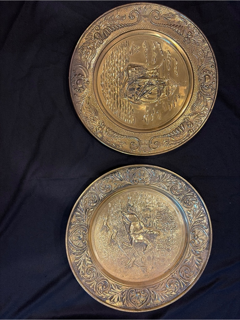 Decorative Embossed Brass Wall Plates - Set of 2 14” Nautical and Hunting Scene